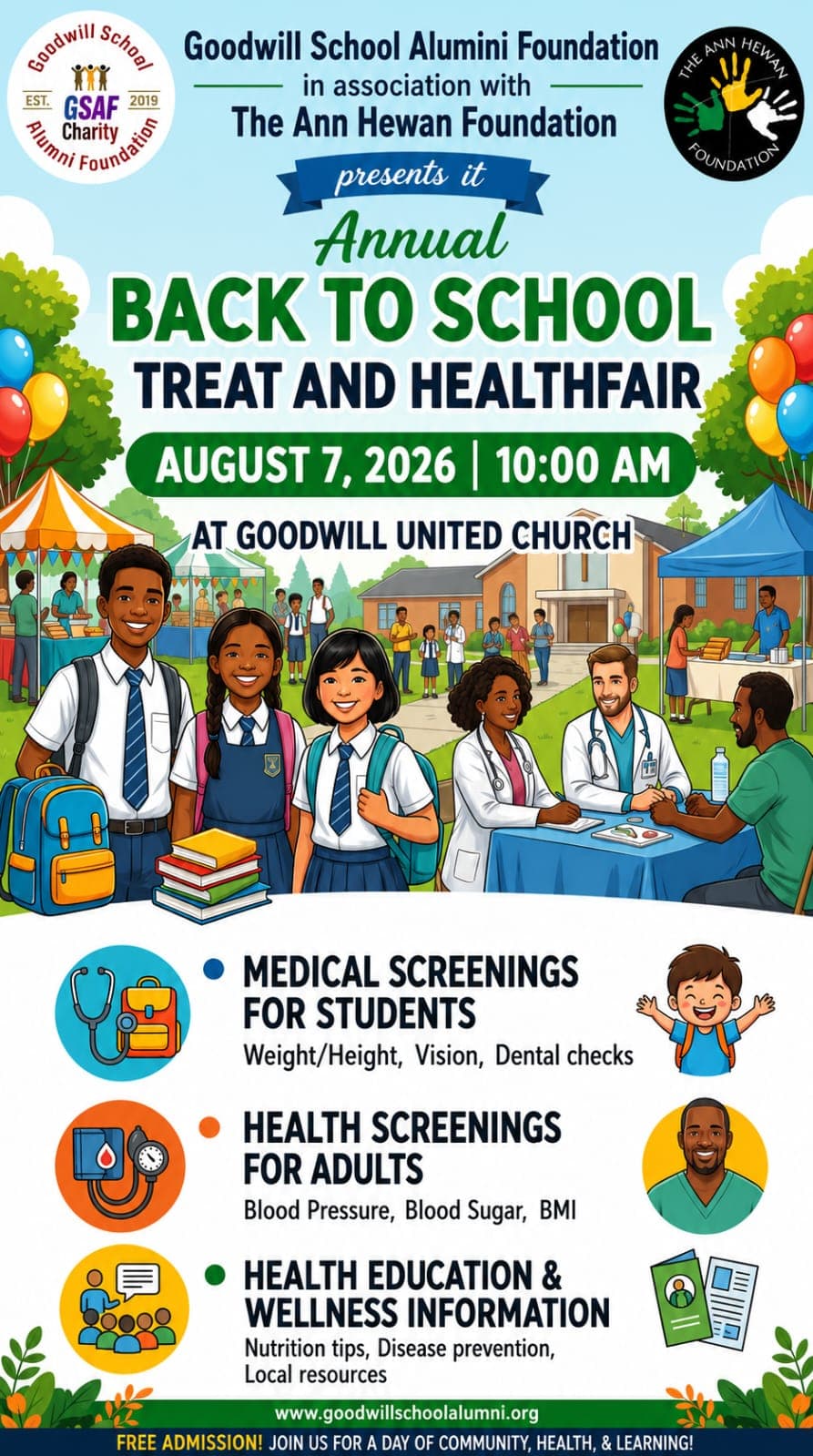 Event flyer for the Annual Back to School Treat and Health Fair on August 7, 2026 at 10:00 AM at Goodwill United Church, presented by the Goodwill School Alumni Foundation in association with The Ann Hewan Foundation. Free admission, with medical screenings for students, health screenings for adults, and health education.